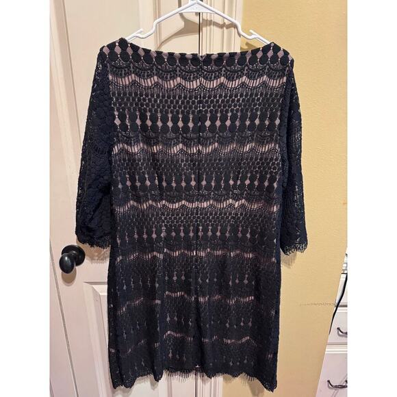 Jessica Howard Illusion Sleeve Crochet Lace Black Shift Lined Dress Sz 14 - Picture 3 of 11